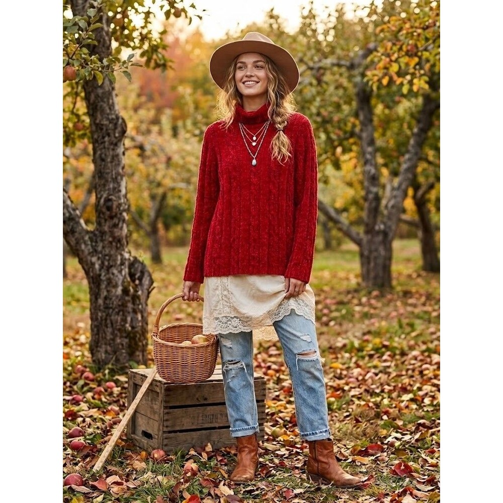 Basic Editions Red Chenille Cable Knit Mock Neck Sweater Women's Small